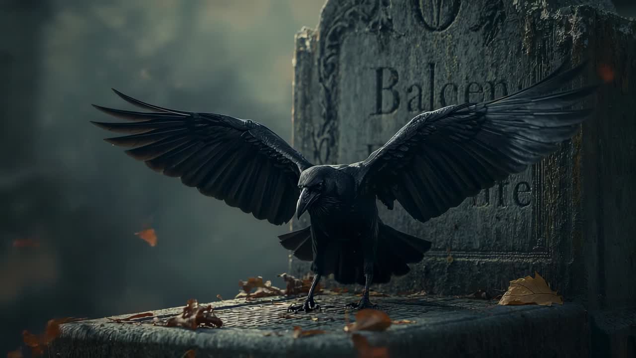 Breaking dawn luring black crow landing on mossy tomb ledge, with scattered dry leaves and twigs