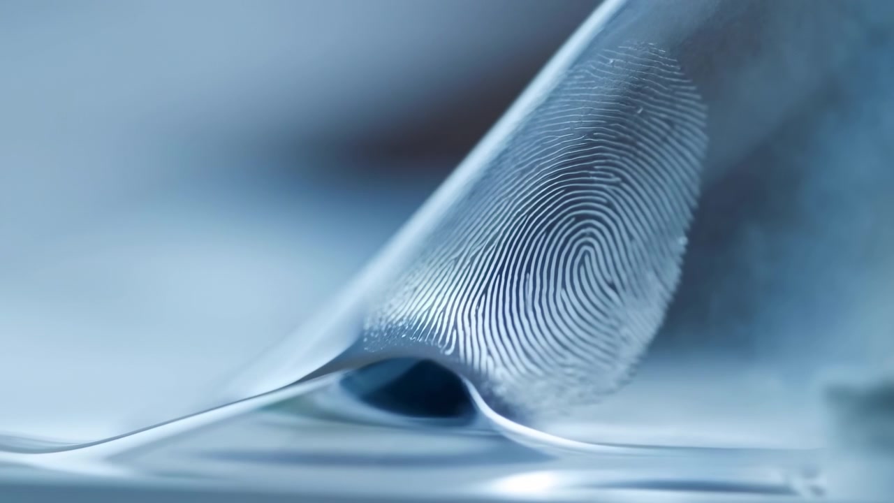 Extreme close-up of thin sheet curling open in tight roll, revealing concentric fingerprint-like ridges, fine embossed texture and small dark hollow at center under cool diffused light