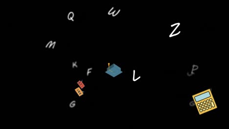 animation of school items and letters on black background