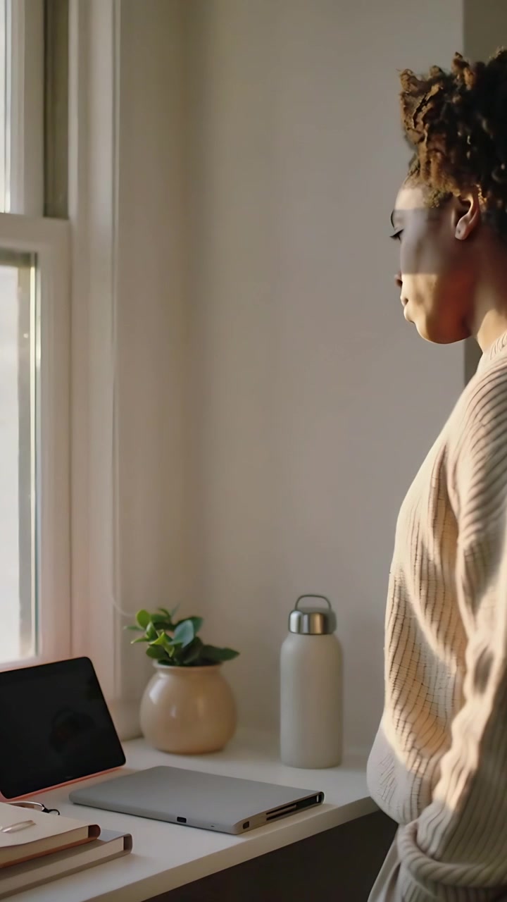 Video verticale: Donna alla scrivania illuminata dal sole, che si sposta verso la finestra, con laptop, spazio per il testo