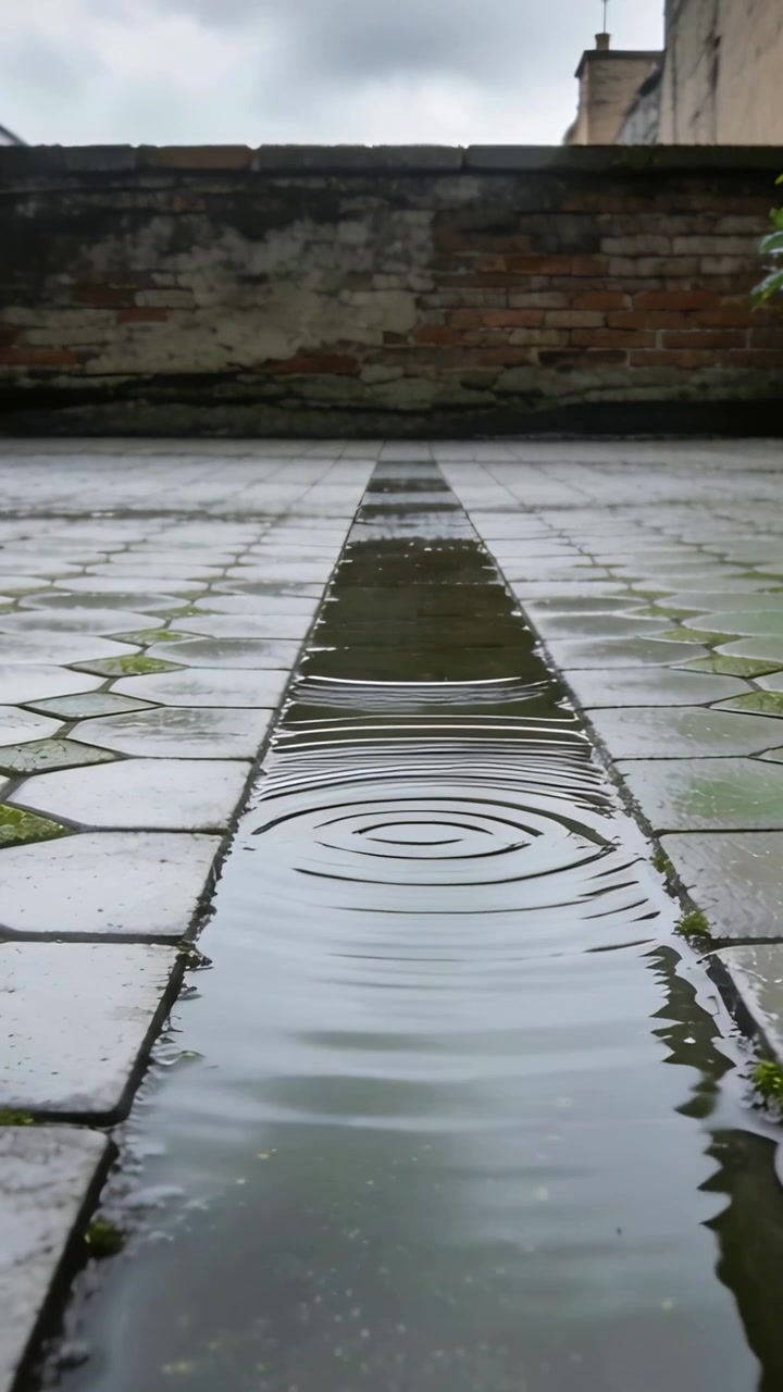 Vertical video: Striking rain creating ripples in narrow channel on roof, with tiles and parapet