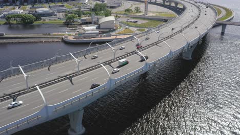 Aerial-Drone-slow-tracking-Shot-of-the-Western-High-Speed-Diameter-Bridge,-Gulf-of-Finland-in-Saint-Petersburg,-Russia