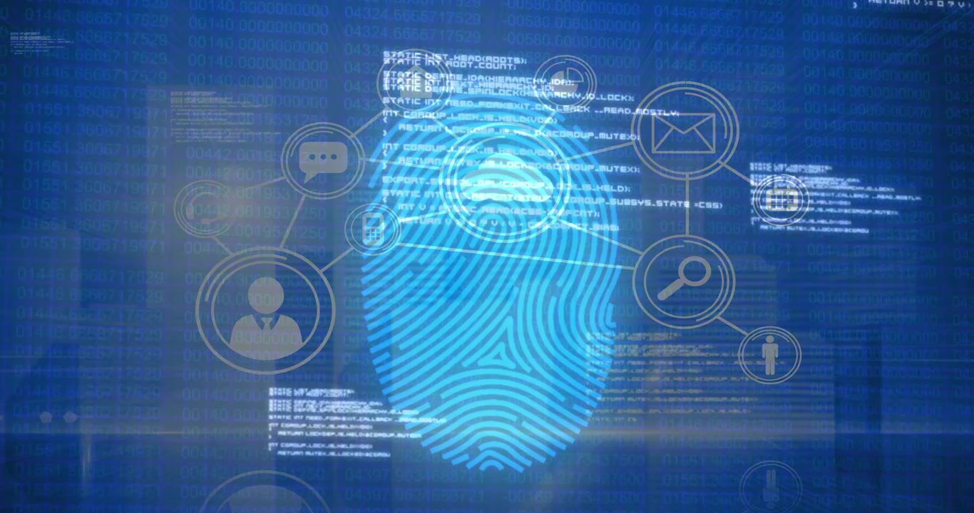 Animation of data processing and network of connections over fingerprint icon on blue background