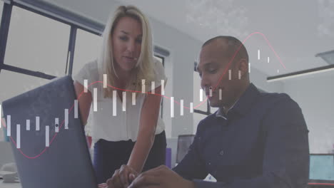 animación del procesamiento de datos financieros sobre diversas personas de negocios que trabajan en la oficina