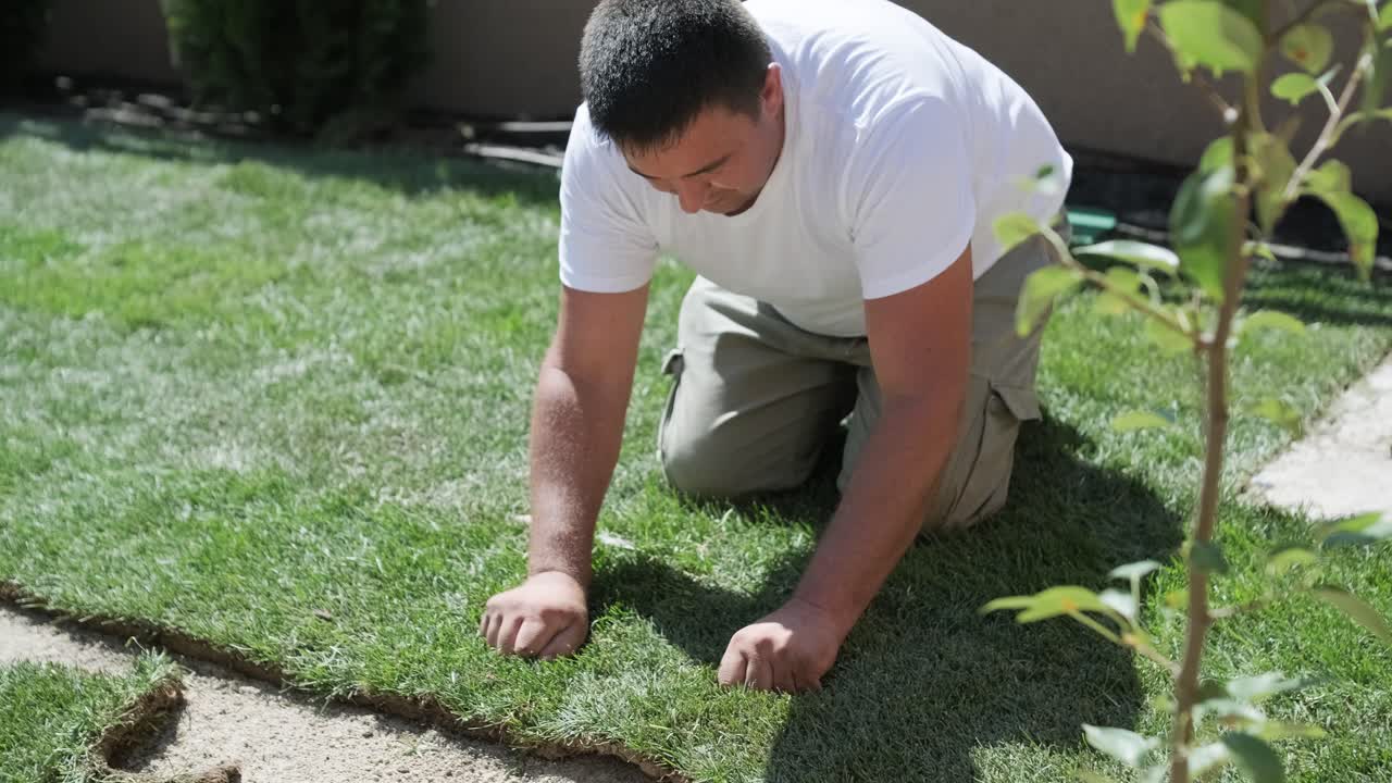 전문 정원사에 의해 설치 된 새로운 자연 잔디 잔디의 롤.