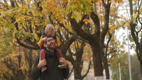 idyllic family walk in forest at autumn little boy is sitting on shoulders of his dad father and son are having fun and laughing happiness and harmony