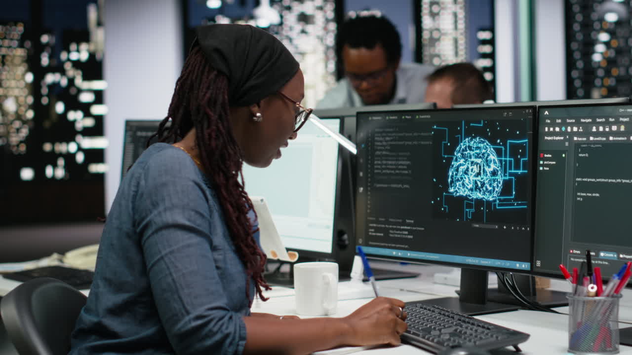 African American Woman Programmer Working on AI Code in Modern Office
