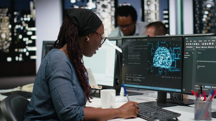 African American Woman Programmer Working on AI Code in Modern Office