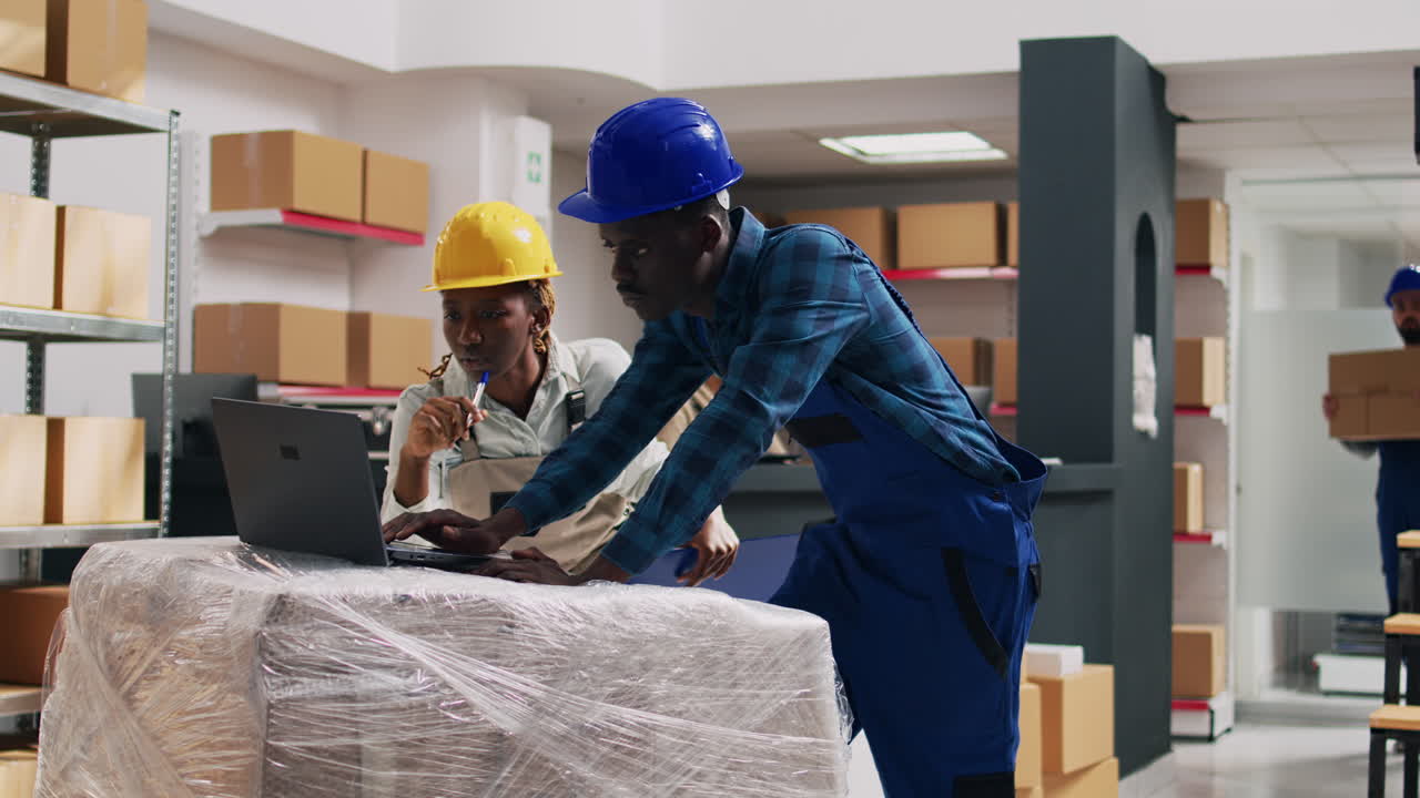 Warehouse workers checking inventory on a laptop