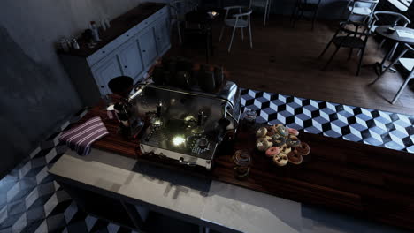 coffee shop interior with espresso machine, donuts and tables