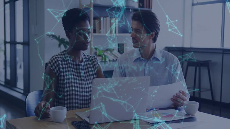 Animation of network of connections over diverse business people in office