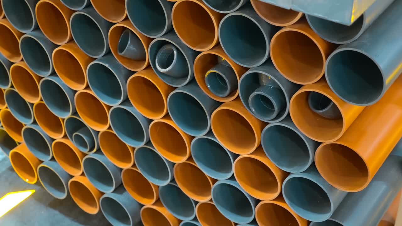 pila de nuevas tuberías de plástico en gris y naranja para el sistema de alcantarillado de la casa