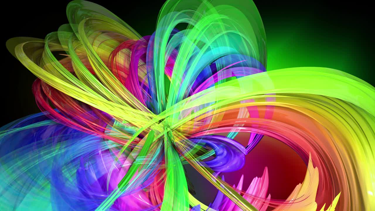 검은색 배경에 네온 빛을 가진 투명한 색상의 선. 모션 그래픽 3d 루프 배경과 다채로운 다채로운 무지개 리본. 모션 디자인 스타일의 아름다운 원활한 배경.
