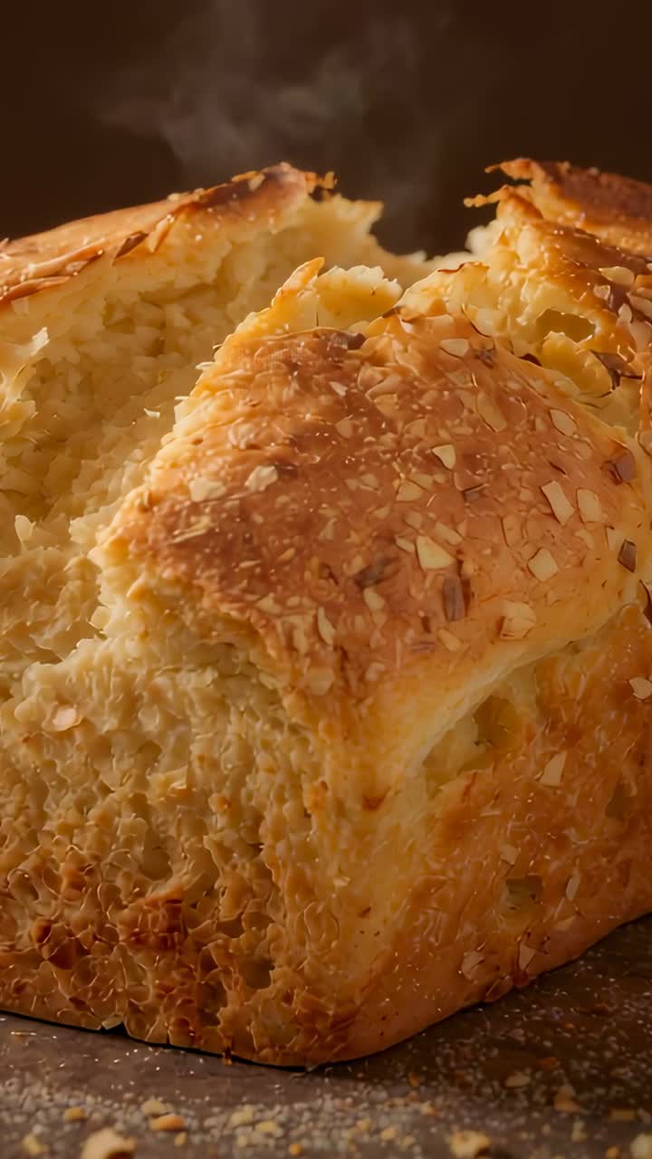 Video verticale: Mostra una mollica di pane strappata che fuma su una teglia mentre si raffredda e rilascia scaglie di mandorla.