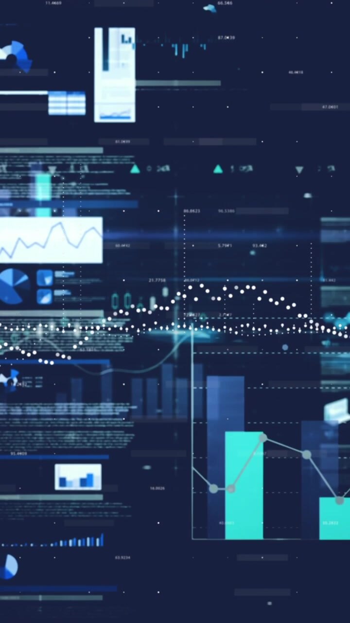 Animation of financial data processing over blue background