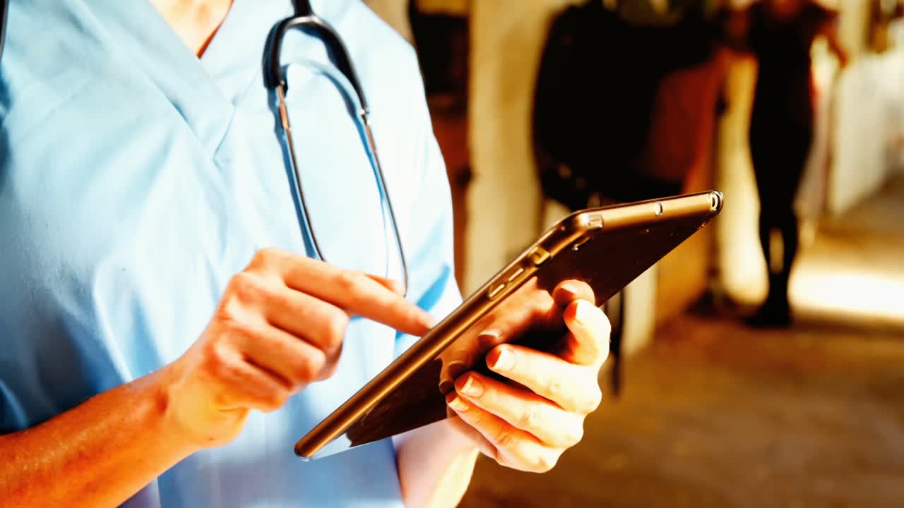 Parte central de veterinario usando tableta digital 4k