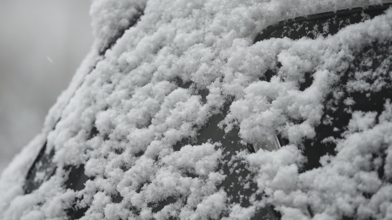 Primo piano di fiocchi di neve che si posano sul finestrino di un'auto