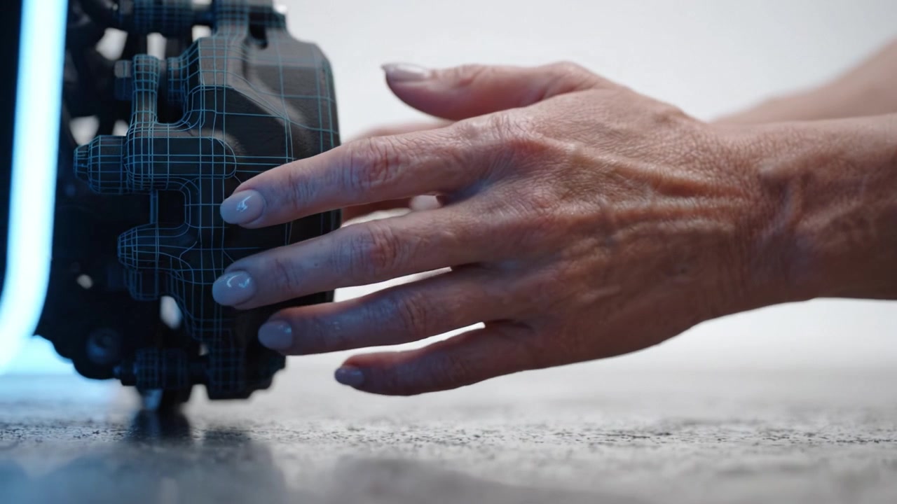 Una vista ravvicinata di un elemento robotico futuristico che mostra dettagli intricati, con una mano umana che si protende verso di esso, enfatizzando l'interazione tra tecnologia e umanità.