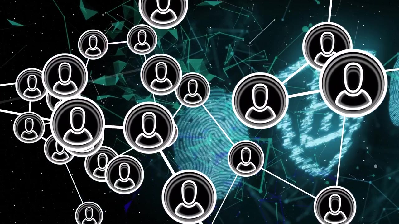 Animation of network of connections with icons over black background