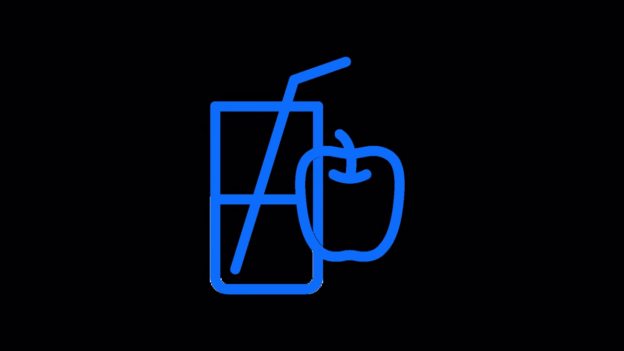Blue Neon Outline Icon of a Glass of Juice and an Apple