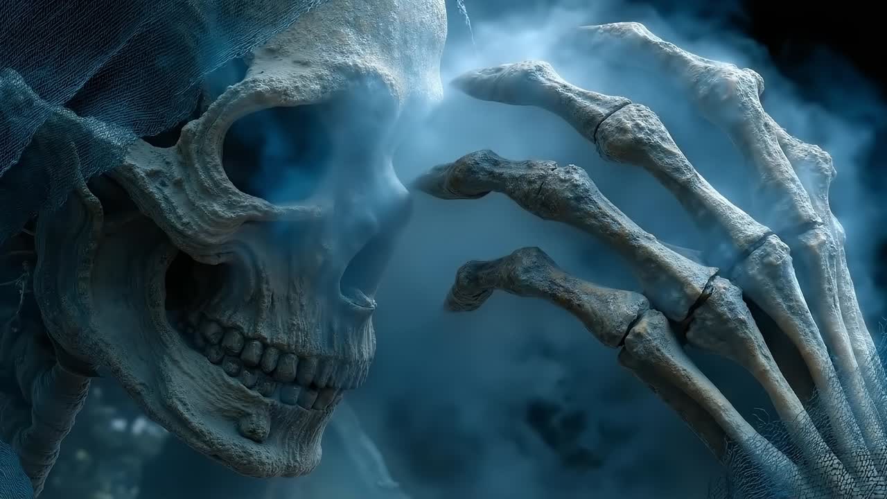 A close up of a skeleton's hand reaching out to a human skull