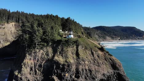 drone flies around a lighthouse on a cliff at distance