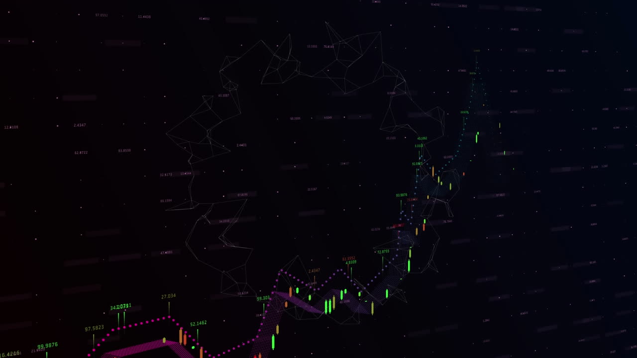 animación del procesamiento de datos en un gráfico de líneas de colores, sobre un fondo negro