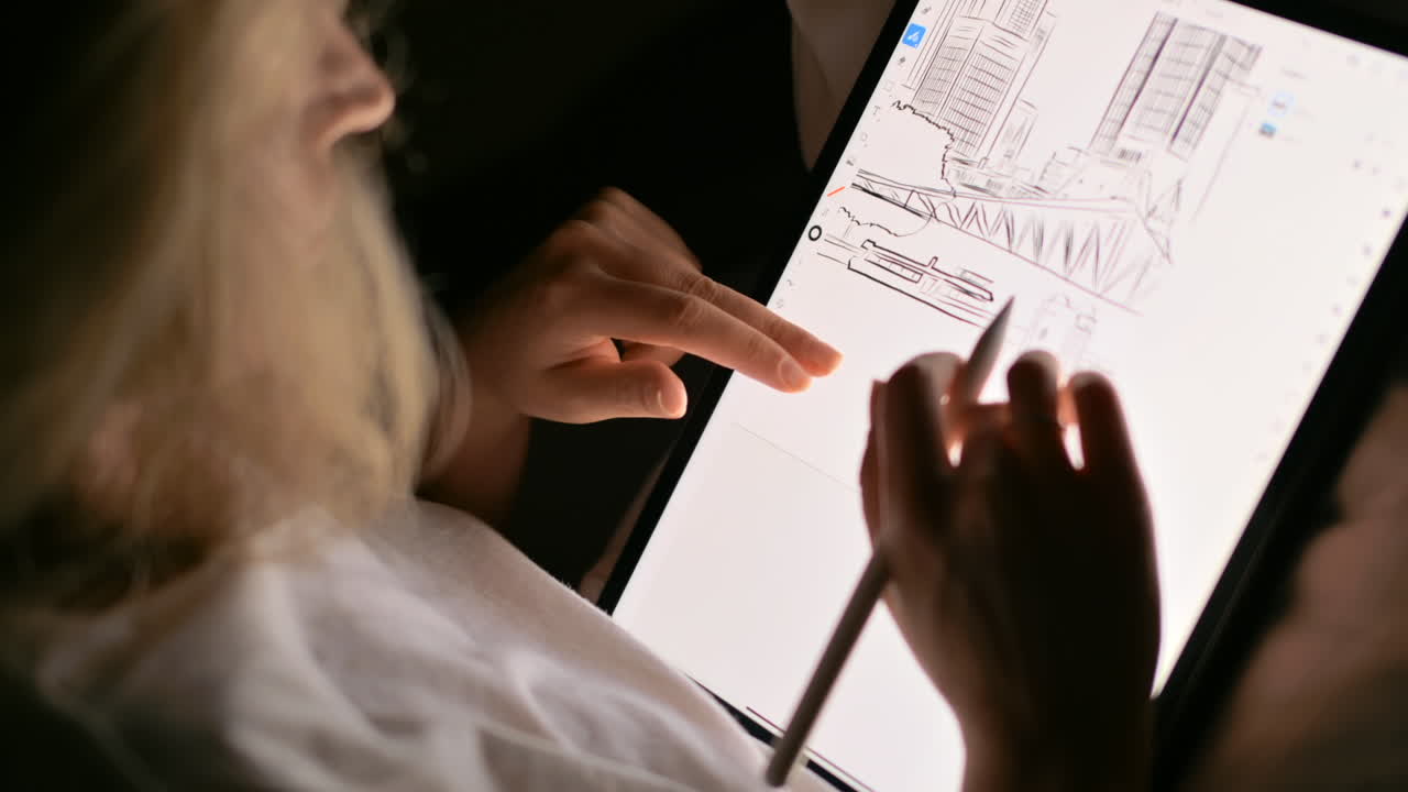 Woman sketching a city on a tablet with a stylus pen at night