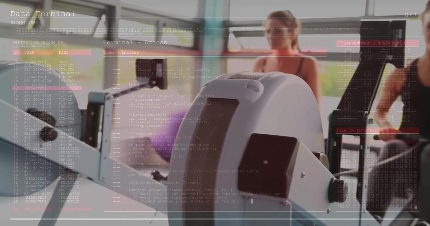 Two friends exercising on cardio machines in modern gym, with code overlay showing fitness tech