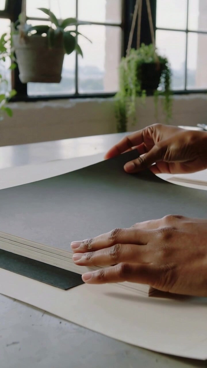 Vertical video: Reaching dark sheet hands peeling, aligning for precision on stack by window plants