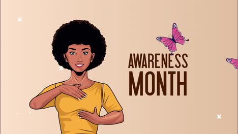 breast cancer awareness month lettering with afro woman practicing self examination