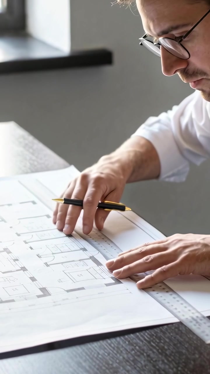 Vertical video: Leaning man in white shirt aligning ruler, marking plan at desk, copy space