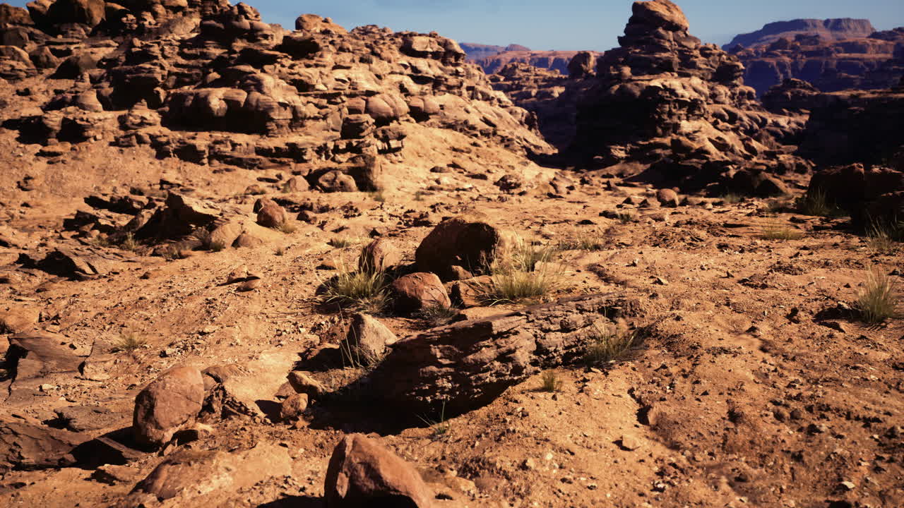 Deserto roccioso illuminato dal sole con terreno accidentato e formazioni naturali