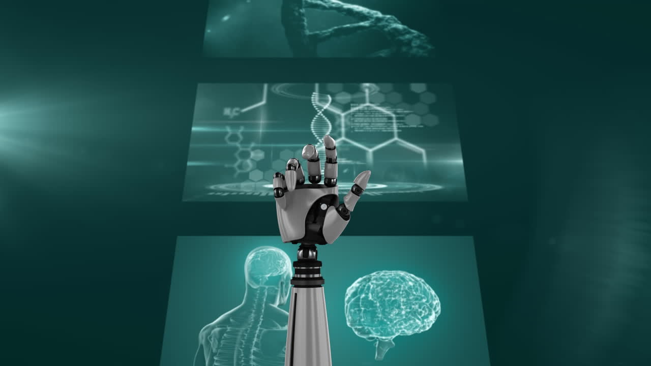 mano robótica haciendo un puño contra el procesamiento de datos médicos