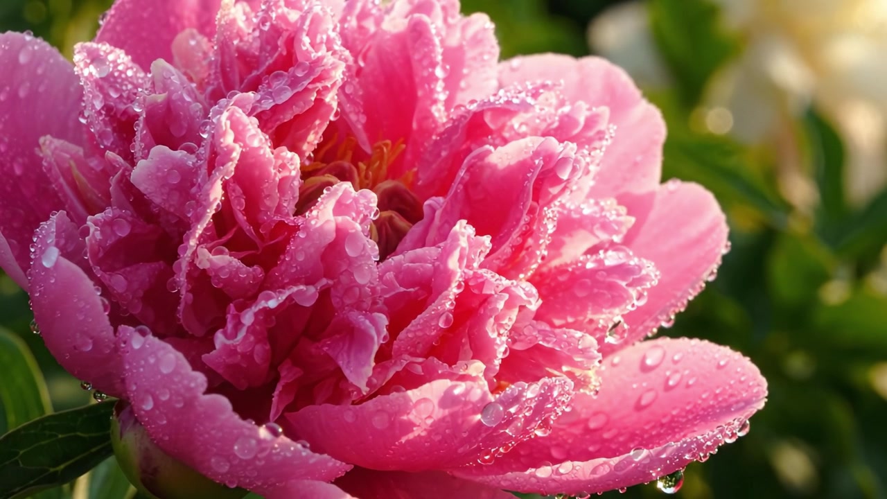Gros plan sur une pivoine rose épanouie et perlée de rosée : une superbe illustration de la beauté de la nature avec des pétales ornés de gouttes d'eau scintillantes.