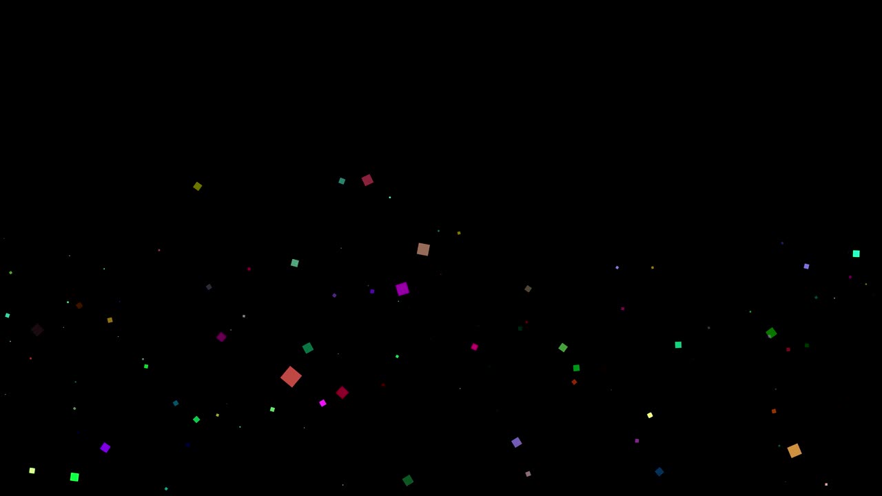 festive magical background. Twinkling, glittering, colored, square shape particles falling on black background. Flying, flickering, square shape particles sparkle, throbe