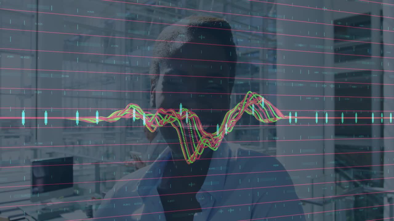 Animazione di elaborazione di dati finanziari su una donna d'affari che lavora in ufficio
