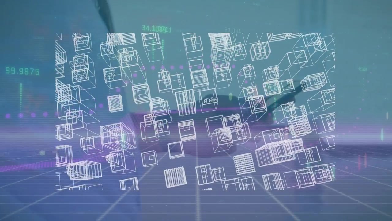 Animazione di elaborazione di dati digitali e di un globo che gira formato da icone digitali.