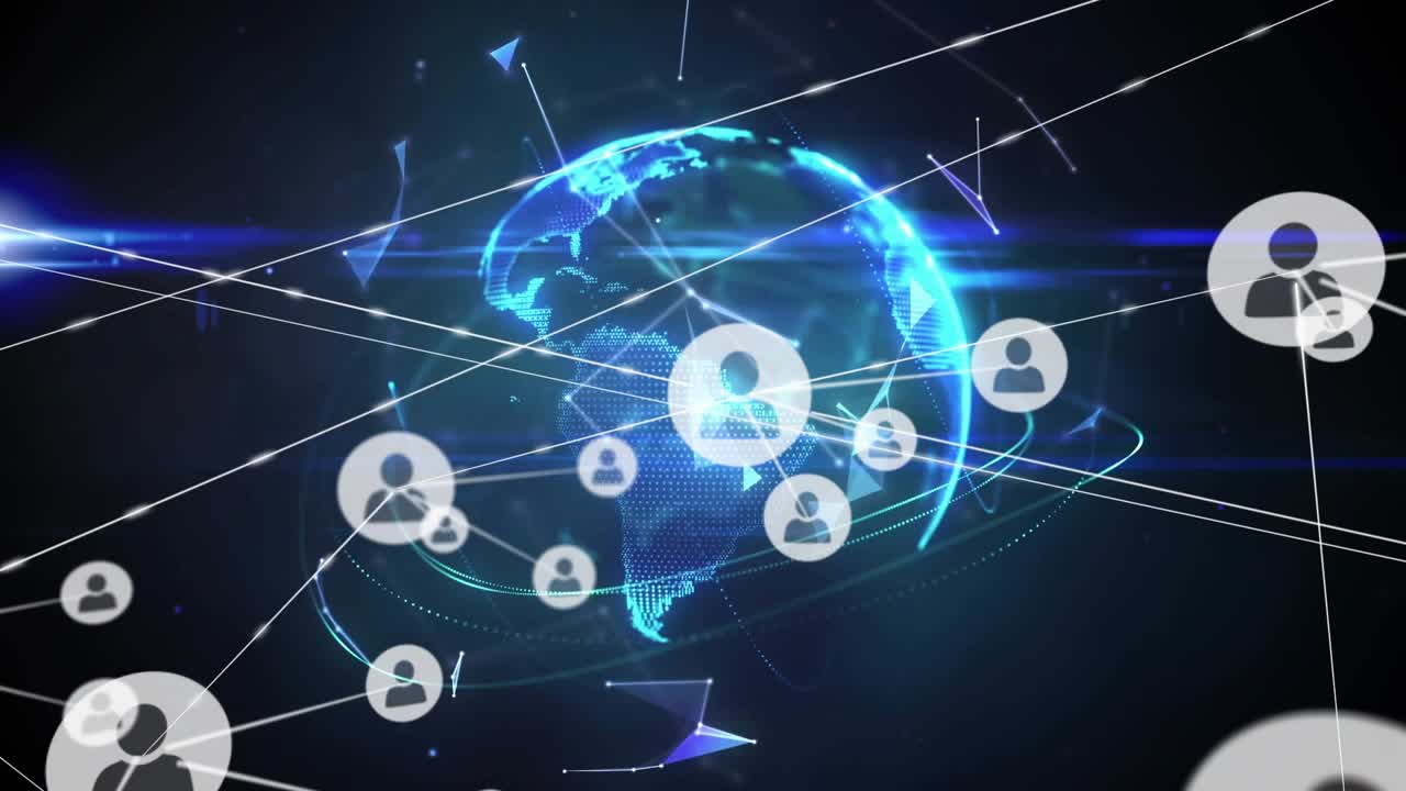 Starting with user icon appearing, icons multiplying linking forming 3D globe showing connectivity