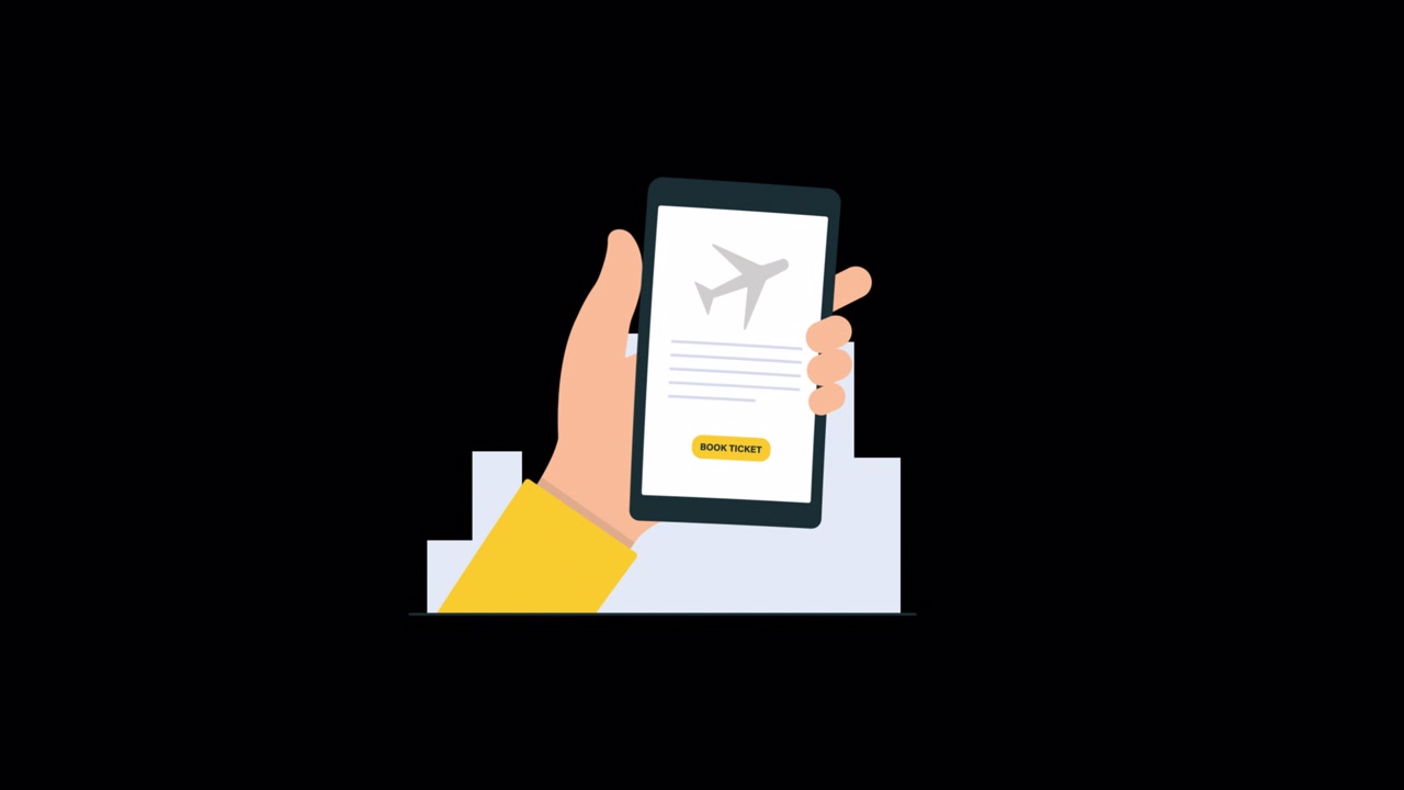 Animated Hand Holding Smartphone with Online Flight Booking App