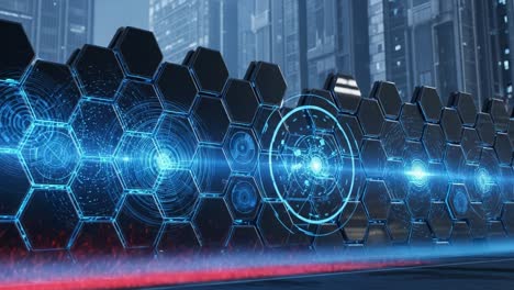 a futuristic display of hexagonal patterns and digital circuits in a high-tech environment, showcasing advanced technology and innovation
