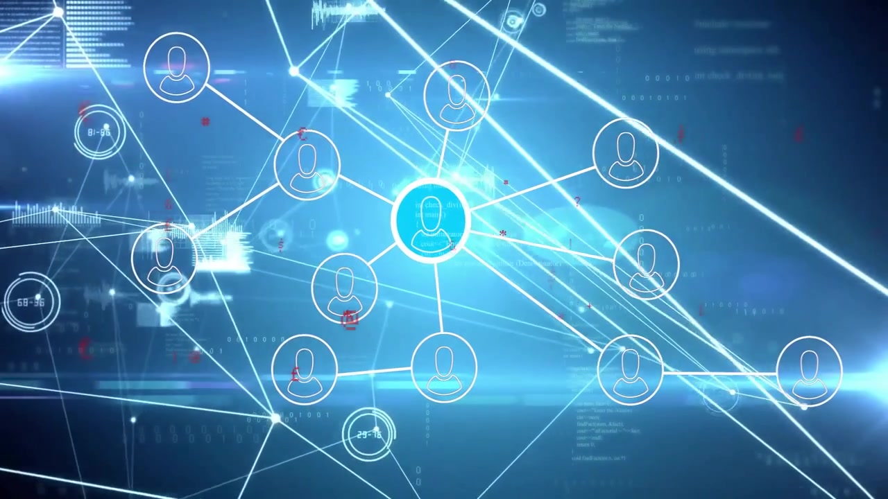 Highlighting central user node glowing within network interface, animating connected icons and data