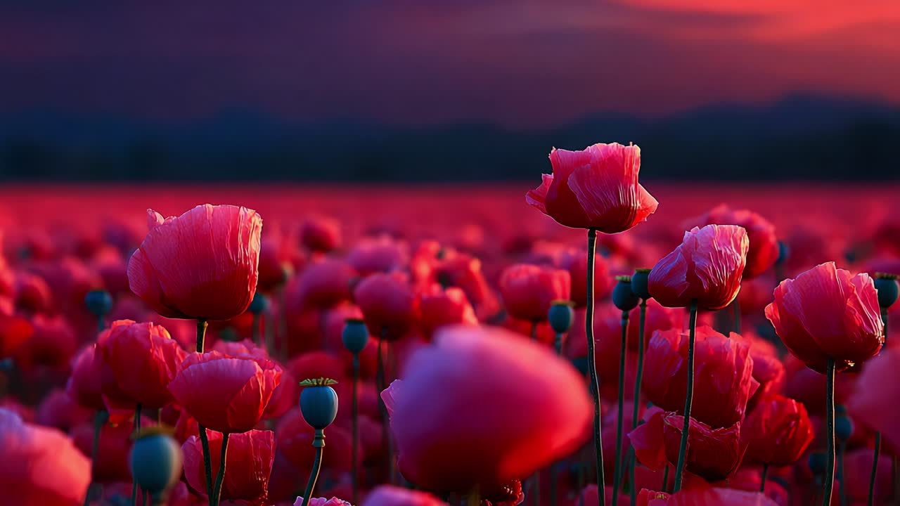 A Mesmerizing Sunset Over Vibrant Poppy Fields: Captivating Scenes of Nature's Finest Display with Lush Pink Blooms Under a Colorful Sky and Rolling Landscapes in the Background
