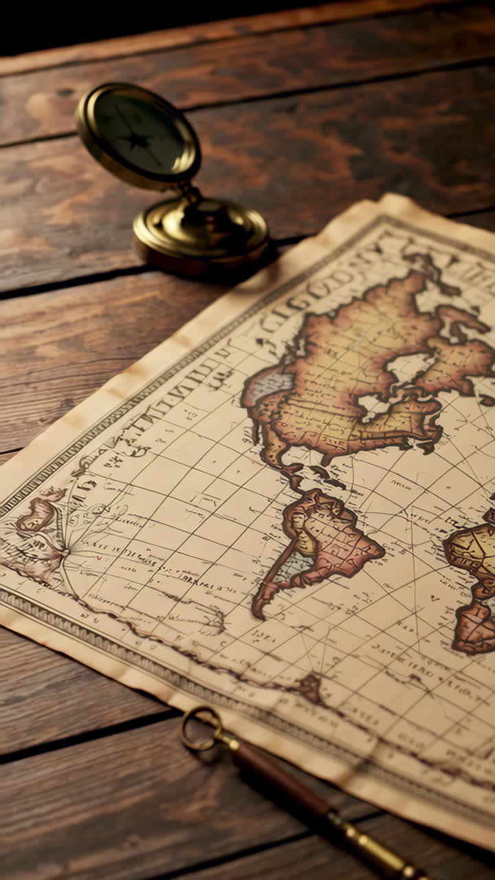 Vintage World Map on Wooden Table with Antique Instruments