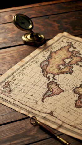 vintage world map on wooden table with antique instruments