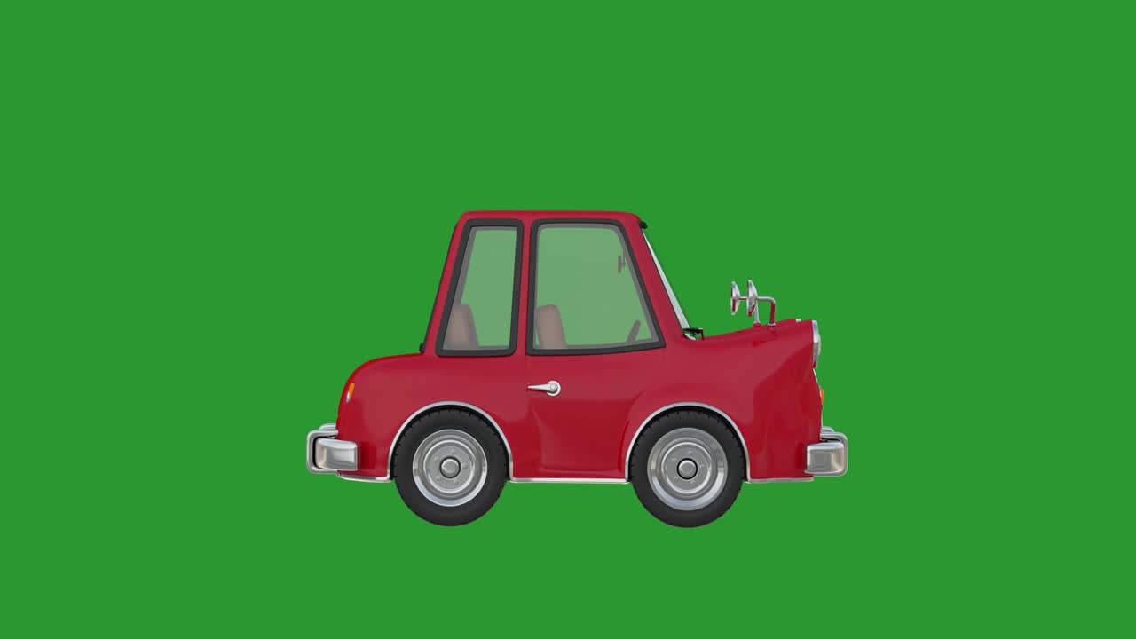 Video in risoluzione 4K: Auto moderna rossa a cartone animato che guida su sfondo verde Chroma Key