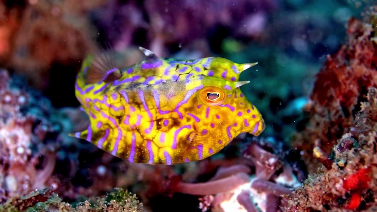 4K undervandsoptagelser af en farverig langhornskofisk, der svømmer over et koralrev i Lembeh-strædet, Indonesien