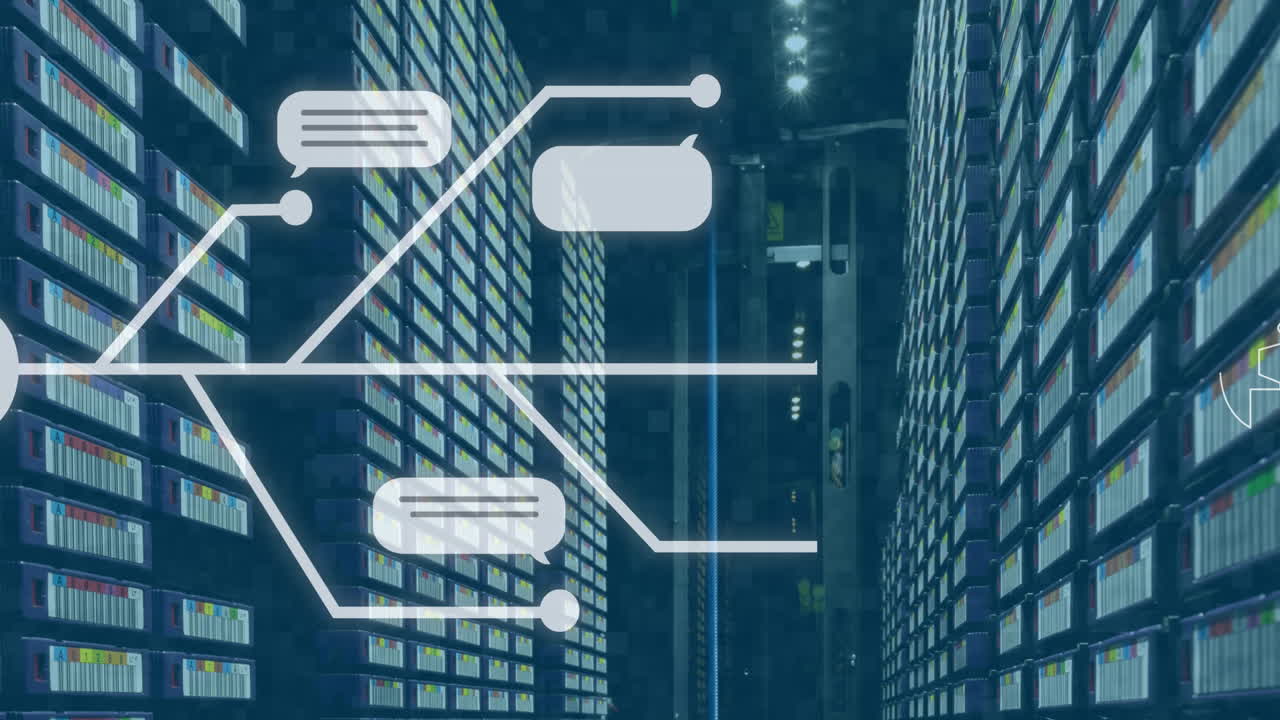 Animation of ai text and icon, data processing over computer servers