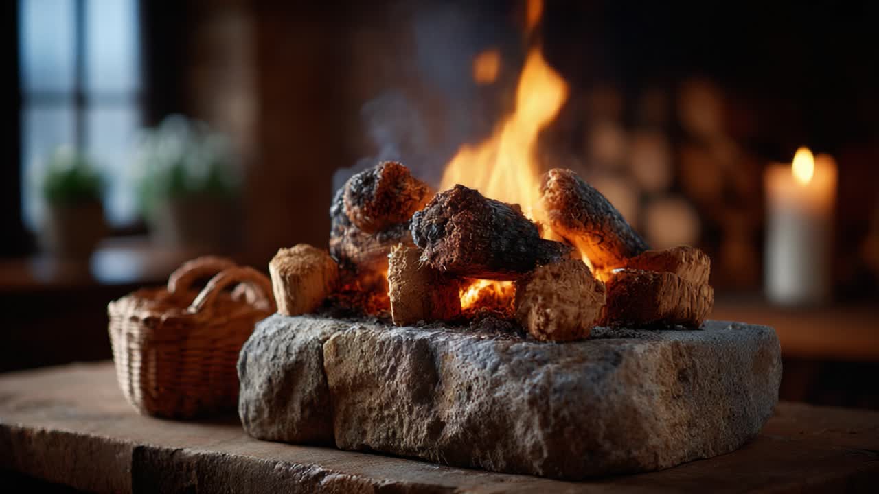 A Warm and Inviting Fireplace with Roaring Flames, Casting a Cozy Glow over Rustic Wooden Decor for a Perfect Homey Atmosphere