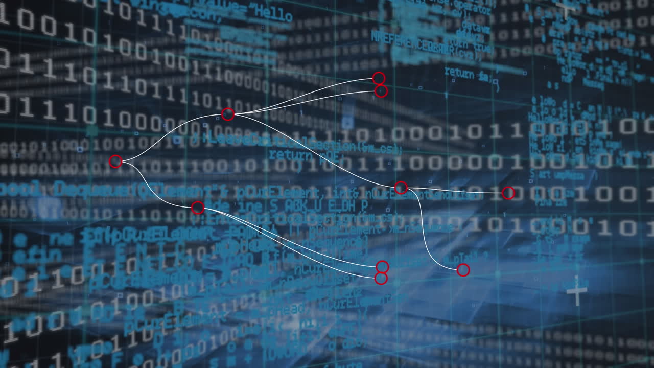 검은색 배경에 연결된 이진 코드의 애니메이션